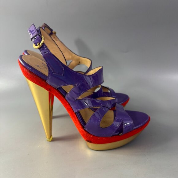 Francesca Mambrini Purple Patent Leather Strappy Platform Heels - Picture 2 of 14